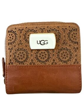 UGG Brown Two-Tone Leather Zip Around Wallet Floral Perforated Cutout